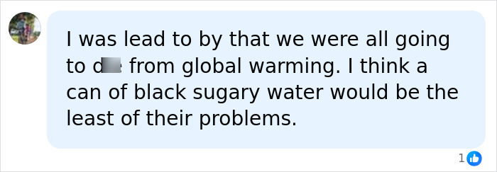Commenter discussing global warming and mentioning a can of sugary water in a social media post.