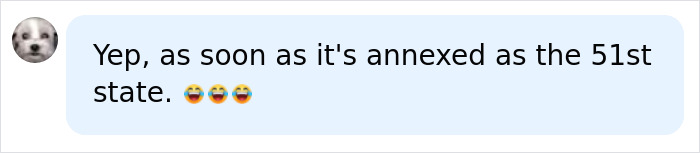 A text message from a dog avatar says, Yep, as soon as it's annexed as the 51st state. laughing emojis follow, related to Canadian citizenship.