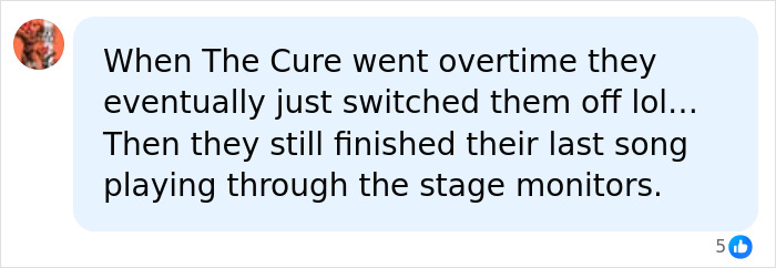 Text message screenshot about The Cure going overtime at Coachella, relating to event time rule violations.
