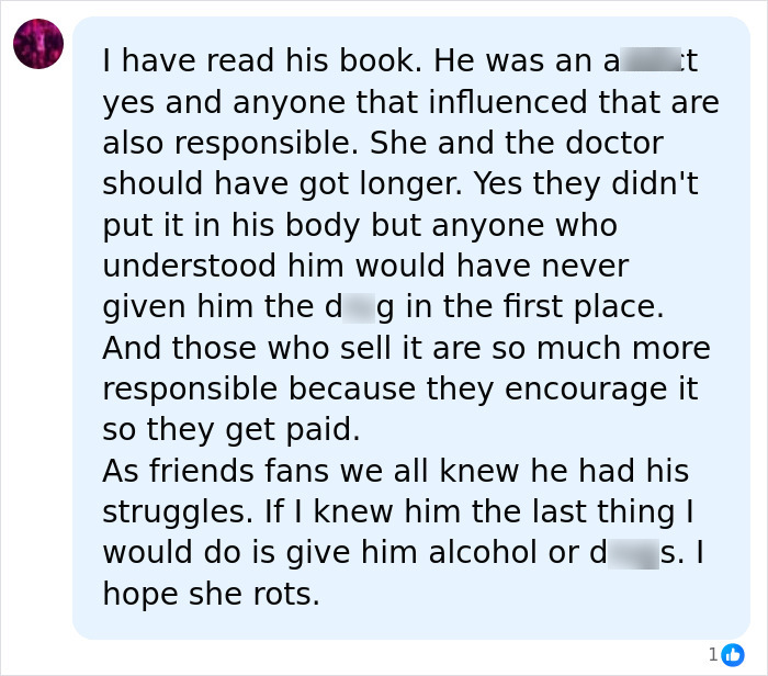 User comment about responsibility and judgment regarding Queen Jasveen Sangha over Matthew Perry&rsquo;s passing, discussing d**g influence.