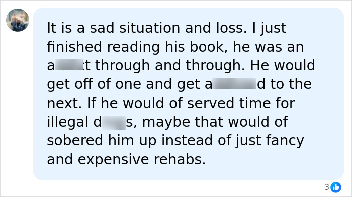 Screenshot of a Facebook comment discussing Matthew Perry&rsquo;s struggles and reflecting on the ruling over Jasveen Sangha.