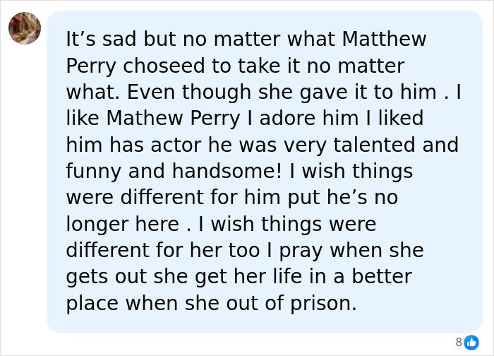 Alt text: User comment expressing sadness over Matthew Perry&rsquo;s passing and hoping for a better future for Jasveen Sangha after prison.