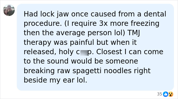 Patient describing emotional response and pain during jaw release therapy for TMJ after dental procedure.