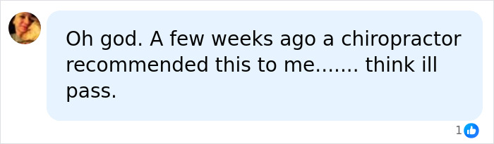 Screenshot of a social media comment expressing hesitation about trying jaw release therapy recommended by a chiropractor.
