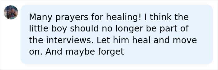 Text message expressing prayers for healing and suggesting a toddler avoid interviews to help recovery and move on.