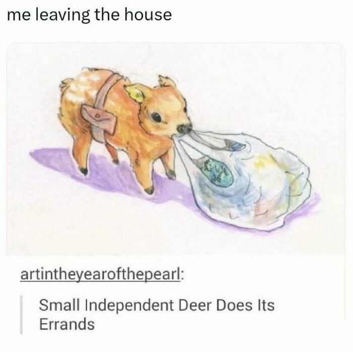 Watercolor drawing of a small deer carrying a plastic bag, illustrating independent errands by Tumblr artists.