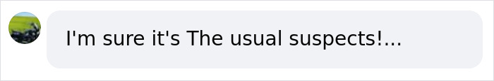 Comment bubble with text expressing suspicion about usual suspects related to a string of missing or deceased scientists cases.