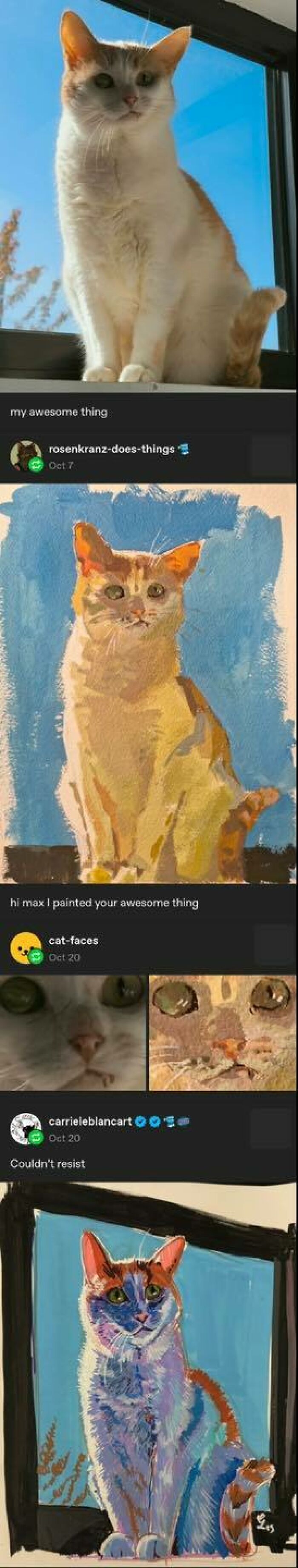 Photo of cats and their vibrant paintings by Tumblr artists showcasing creative internet art talent.