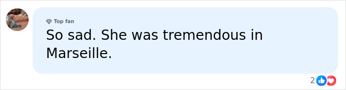 A social media comment reads: "So sad. She was tremendous in Marseille." It relates to a swimming pool accident and secret love.