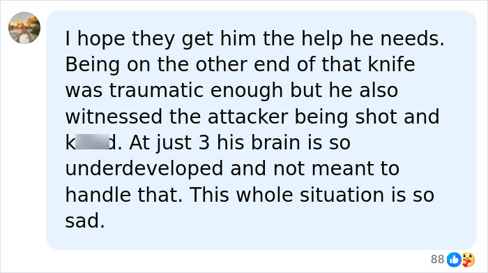 Screenshot of a social media comment discussing trauma after police fatally take down woman attacking toddler with knife.
