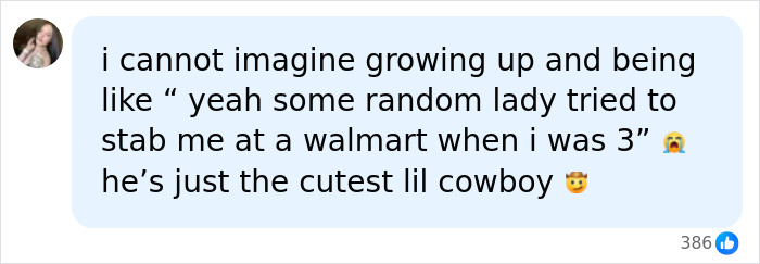 Social media post sharing a personal story about a toddler&rsquo;s encounter with an attacker at Walmart.