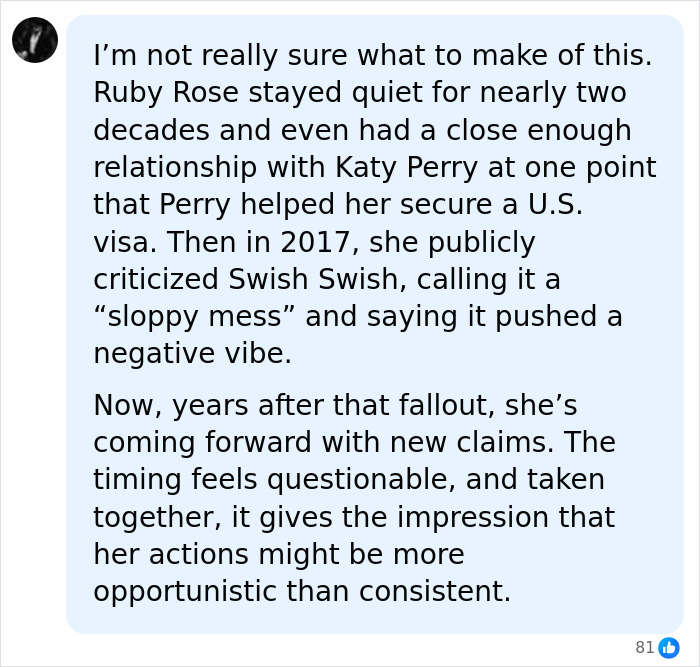 Screenshot of a social media comment discussing Ruby Rose and Katy Perry in relation to former club manager allegations. Screenshot of a social media comment discussing Ruby Rose and Katy Perry in relation to former club manager allegations.