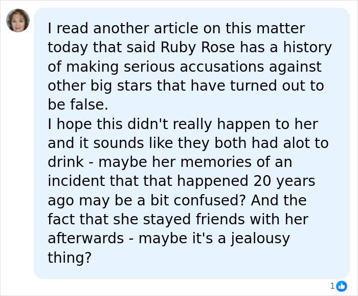 Commenter discussing Ruby Rose and Katy Perry misconduct accusations with skepticism about the incident's accuracy and motives. Commenter discussing Ruby Rose and Katy Perry misconduct accusations with skepticism about the incident's accuracy and motives.