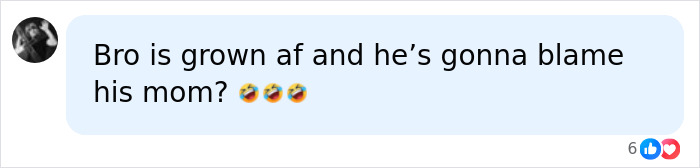 Comment bubble with text about blaming mom, featuring laughing emojis, related to McDonald&rsquo;s CEO viral Big Arch Burger reaction.