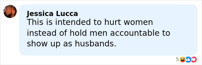 Comment by Jessica Lucca on social media discussing men&rsquo;s accountability in relationships, related to Nepo Baby controversy.