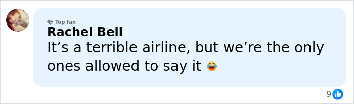 Comment by Rachel Bell criticizing a terrible airline, highlighting a brutal wake-up call after trying to blast airline.