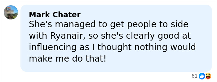Comment by Mark Chater praising a health and wellness girly for influencing others to support Ryanair after a dispute.