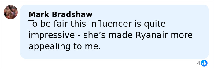Comment from Mark Bradshaw praising a health and wellness influencer for making Ryanair more appealing.