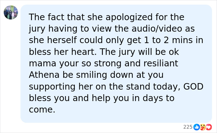 Comment expressing support for Athena Strand&rsquo;s mom attending court dates, highlighting her strength and resilience.
