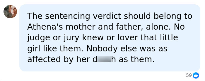 Screenshot of a social media comment discussing Athena Strand&rsquo;s mom attending every court date due to heartbreaking reasons.
