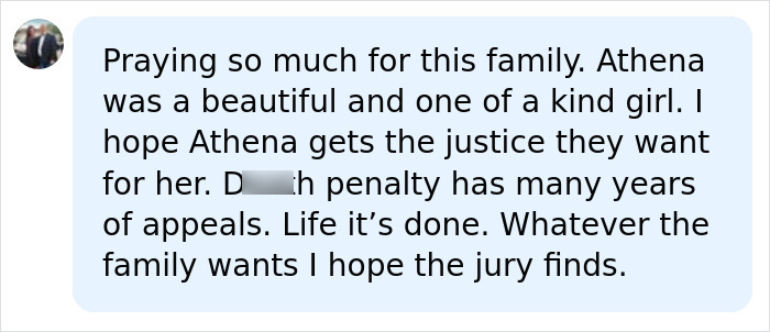 Screenshot of a social media comment expressing support for Athena Strand&rsquo;s family and hope for justice in court.
