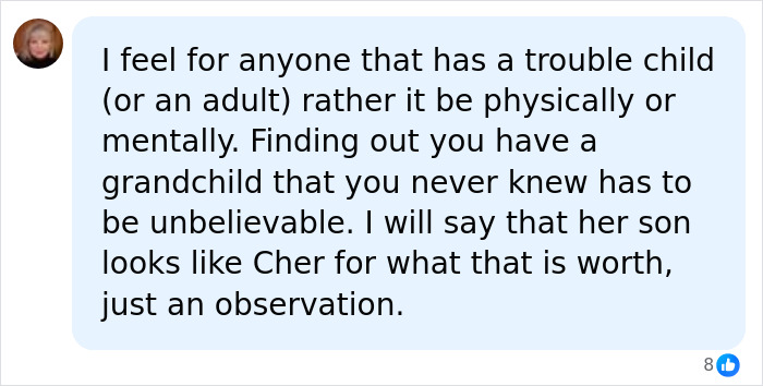 Comment expressing empathy about discovering a secret granddaughter from Cher&rsquo;s son&rsquo;s past romance.
