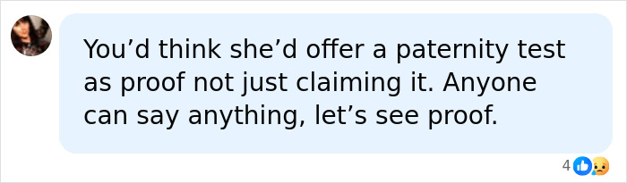 Screenshot of a social media comment questioning the proof of Cher&rsquo;s secret granddaughter from son&rsquo;s past romance.