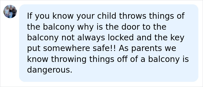A parent's comment questions the boy's troubled past, wondering why parents didn't prevent dangerous balcony incidents.
