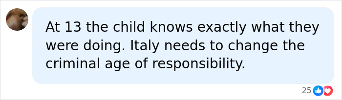 A social media comment discussing a boy's troubled past, saying "At 13 the child knows exactly what they were doing."