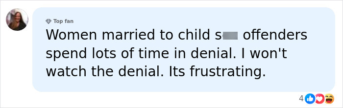 User comment discussing denial about child s*x offenders, related to Melissa Gilbert and Timothy Busfield&rsquo;s arrest allegations.