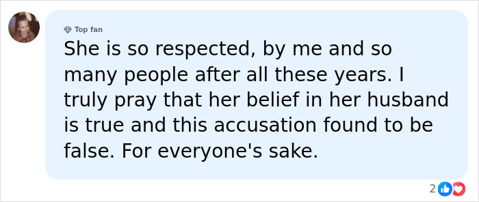 Facebook comment with a fan showing support for Melissa Gilbert amid Timothy Busfield&rsquo;s arrest allegations.