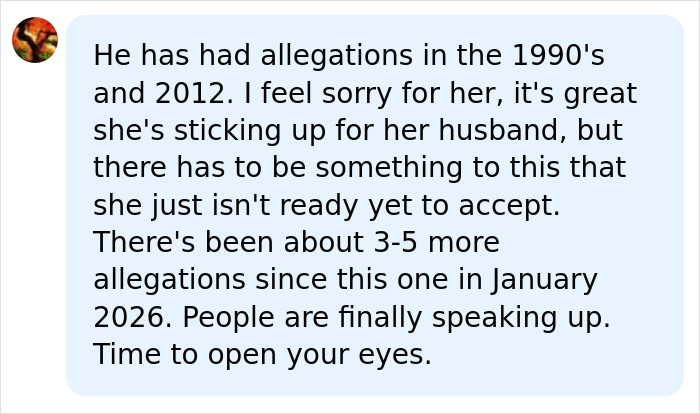 Comment discussing allegations against Timothy Busfield and Melissa Gilbert's response amid ongoing accusations.