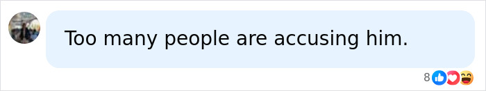Comment bubble with text saying too many people are accusing him, featuring reaction icons below on a social media post about Timothy Busfield&rsquo;s arrest.