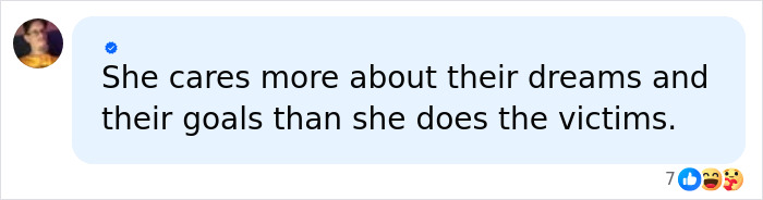 User comment about victims and goals shown in a social media post related to Melissa Gilbert and Timothy Busfield arrest allegations.