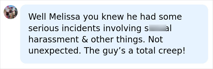 Comment mentioning Melissa Gilbert addressing Timothy Busfield&rsquo;s arrest and serious allegations in a social media message.