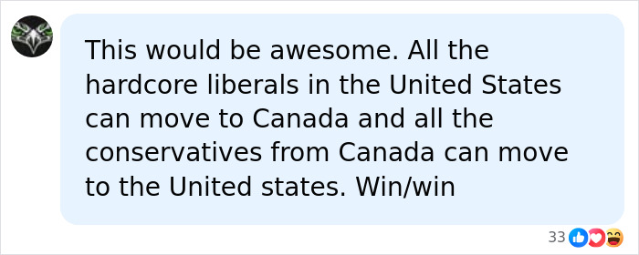 A social media comment suggesting liberals move to Canada and conservatives to the US, relating to Canadian Citizenship.