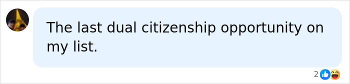 A social media post reads: The last dual Canadian citizenship opportunity on my list, with two likes and a laughing emoji.