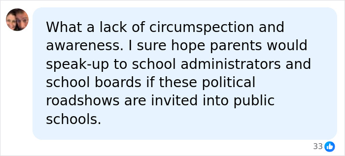 Screenshot of a social media comment criticizing Erika Kirk&rsquo;s controversial high school visit and urging parental action.
