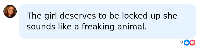 Screenshot of a social media comment stating the girl deserves to be locked up, discussing a 12-year-old school bully arrest.