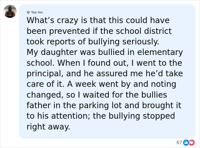 Comment discussing the impact of school bullying and the importance of addressing reports seriously to prevent harm.