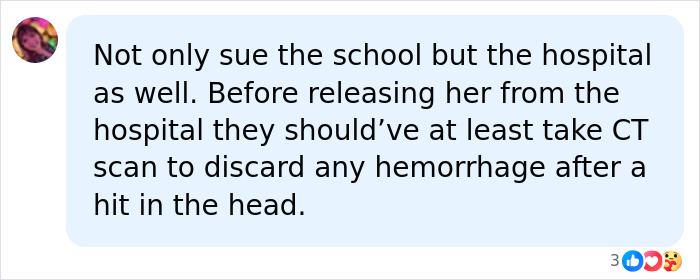 Comment on a social media post discussing a school bullying incident and hospital negligence after a child was harmed.