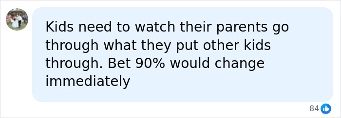 Comment on social media expressing a view on children witnessing parental behavior related to school bullying consequences.