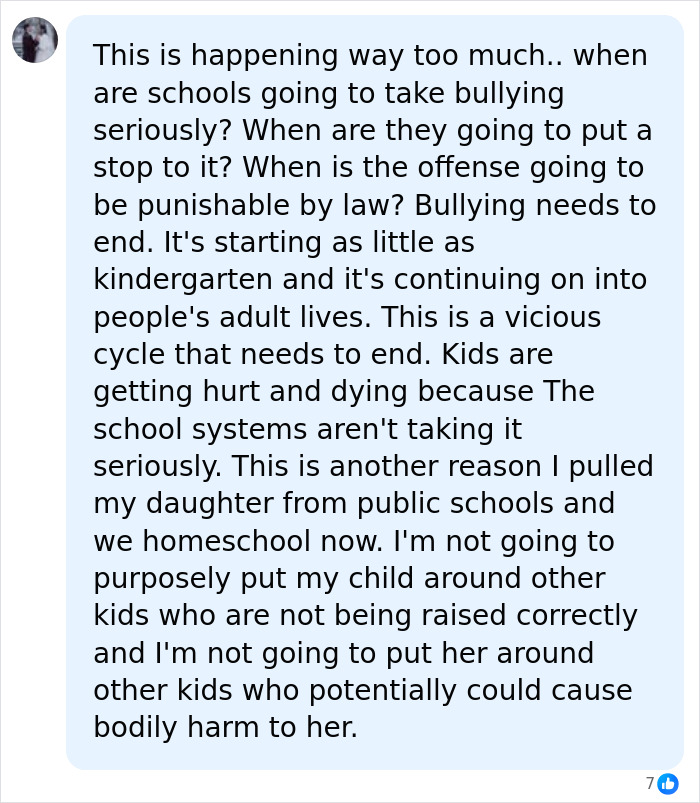 Social media comment discussing the impact of bullying and calling for stronger laws against school bullying.