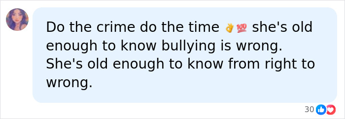 Screenshot of a social media comment discussing accountability in bullying and knowing right from wrong at a young age.