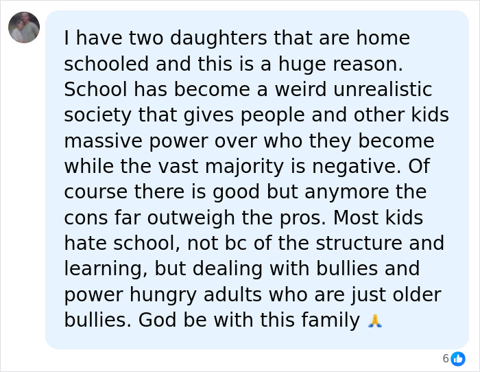 Comment expressing concern about school bullies and the impact of bullying on children and families.