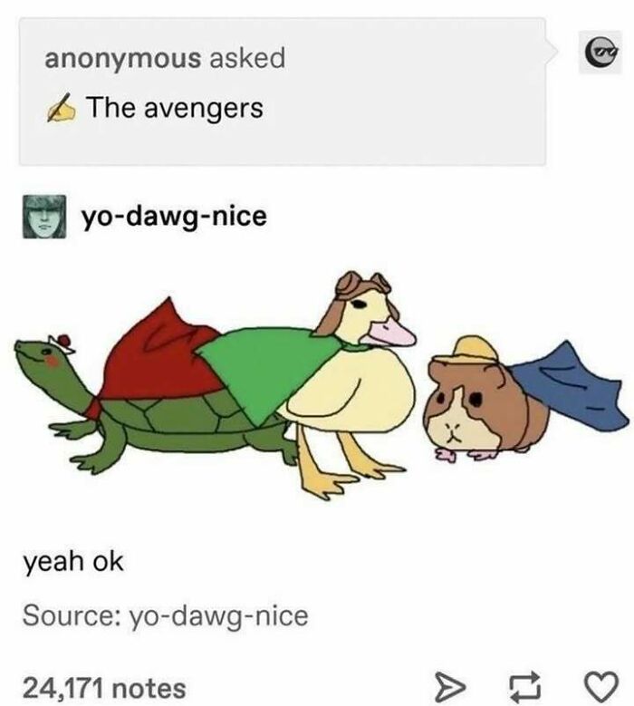 Illustration of animals dressed as Avengers characters, showcasing creative Tumblr artists' drawings improving internet art.