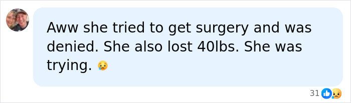 Comment about Dolly Martinez from My 600-Lb Life sharing her weight loss efforts and struggle with surgery denial.