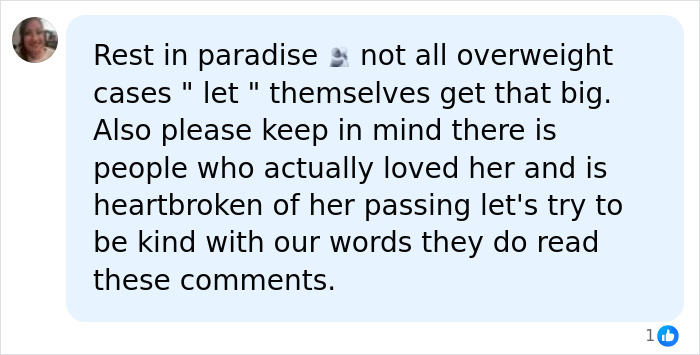 Comment expressing condolences and urging kindness regarding the passing of My 600-Lb. Life star Dolly Martinez.