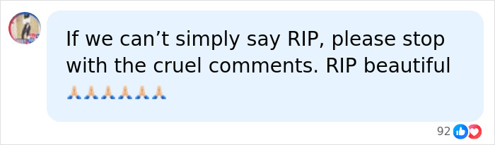 Social media comment expressing condolences for My 600-Lb. Life star Dolly Martinez with praying hand emojis.