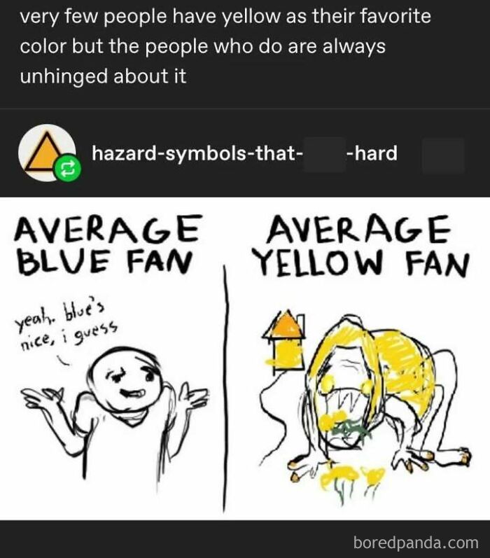 Tumblr artist comic contrasting average blue fan and chaotic yellow fan illustrating unique online art styles.